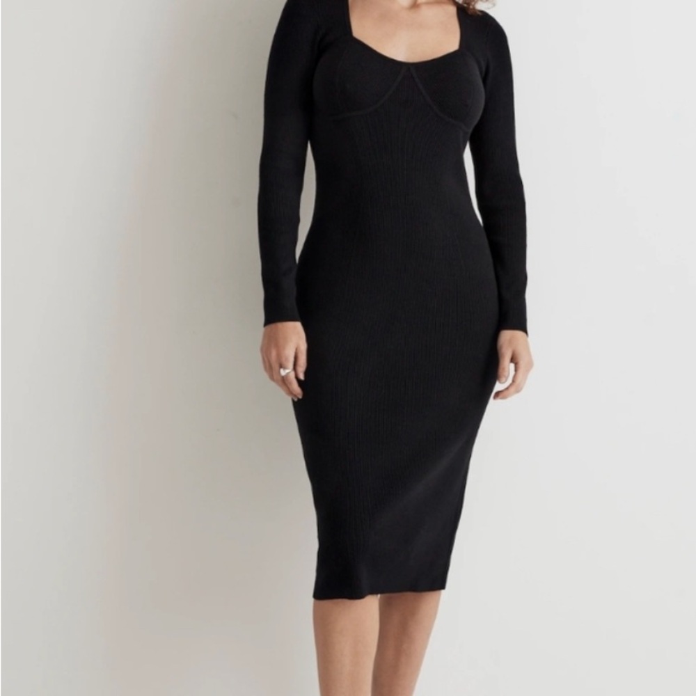 Madewell Black Ribbed Bodycon Dress Long Sleeve Square Neck